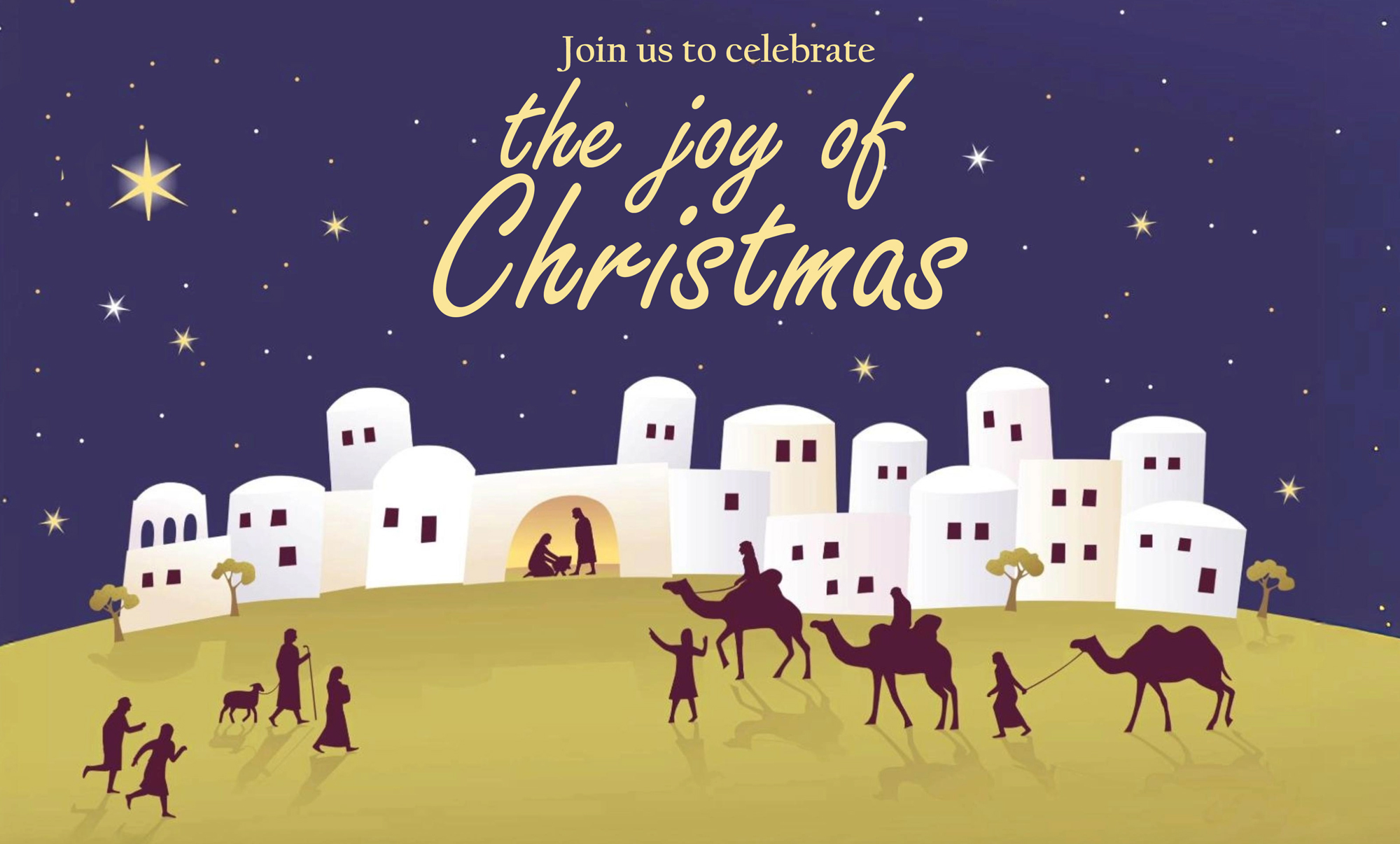 An illustration showing Bethlehem, with a star above, Mary Joseph and Jesus in a stable, and shepherds and kings hurrying towards the stable