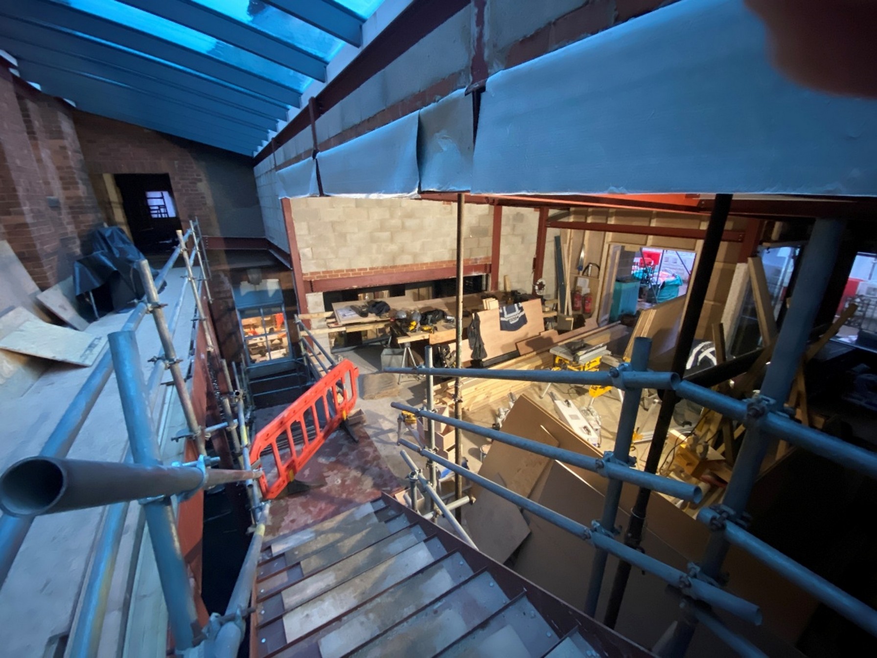 Looking from the top of the new stairs into the Foyer and along the new gallery