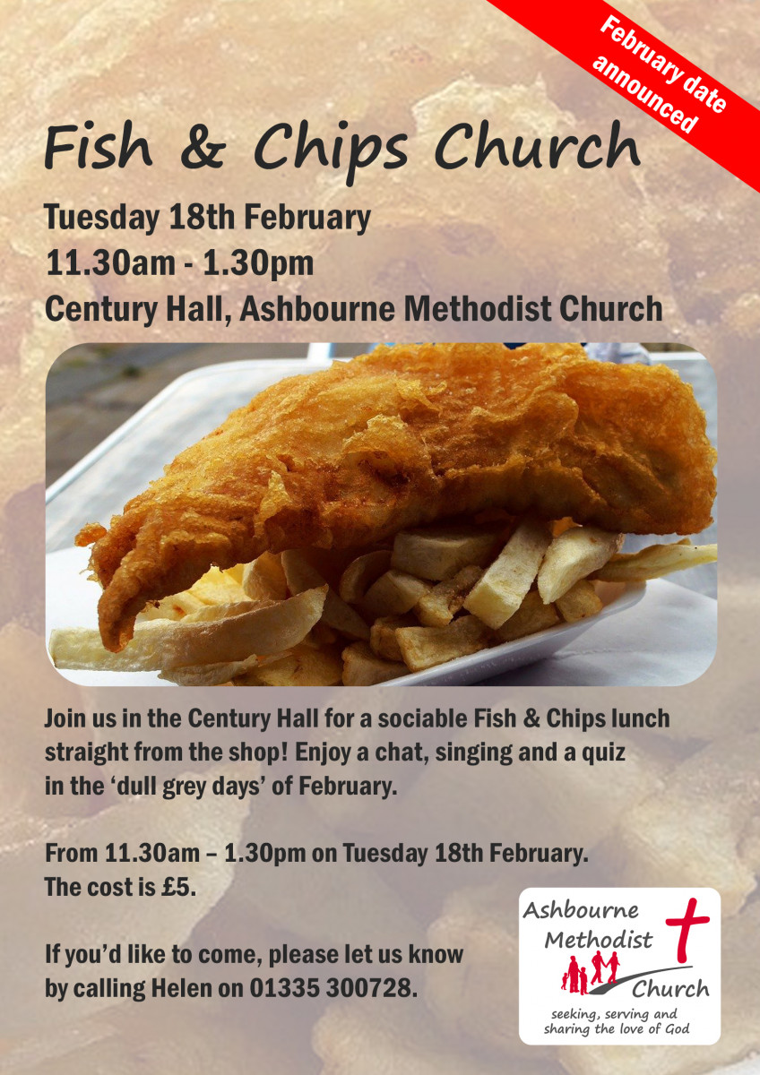 Poster for Fish & Chips Church, with picture of fish and chips. The text is the same as that contained on the web page